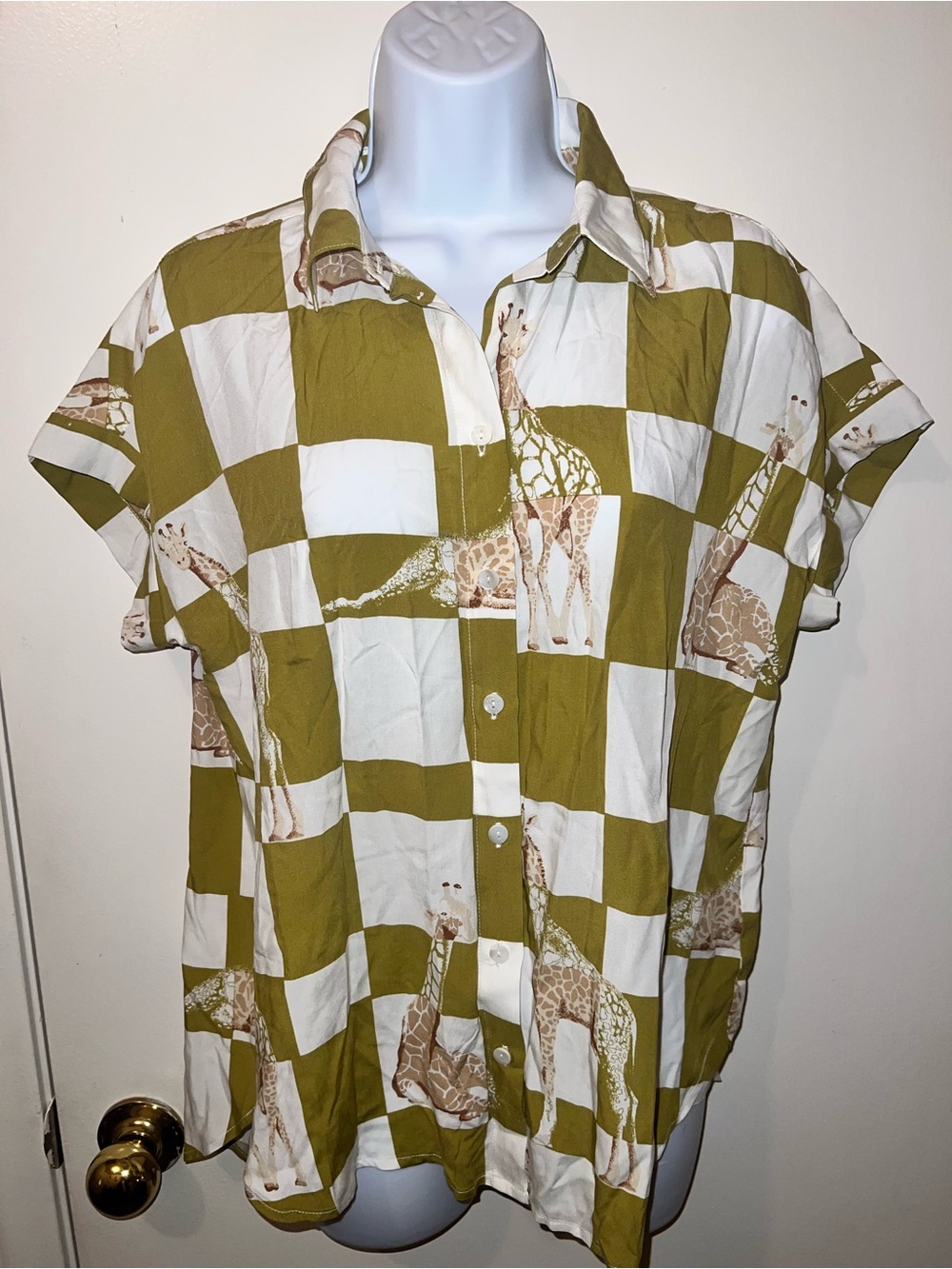 Jane and Delancey Olive and White Giraffe-Print Short Sleeve Button-Up